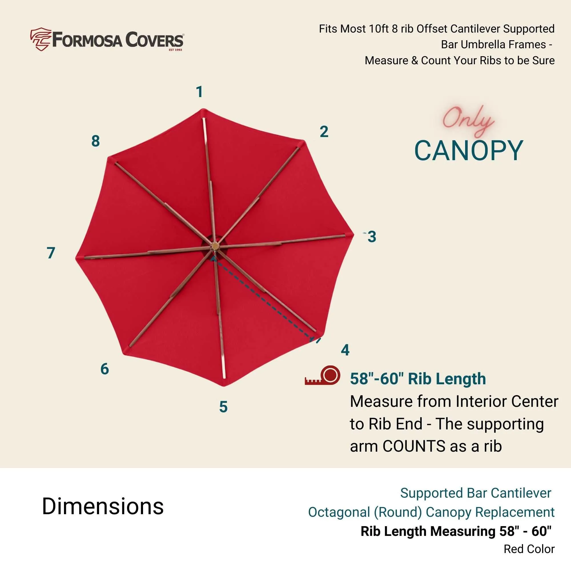 10ft Cantilever Supported Bar Umbrella 8 Rib Replacement Canopy Red