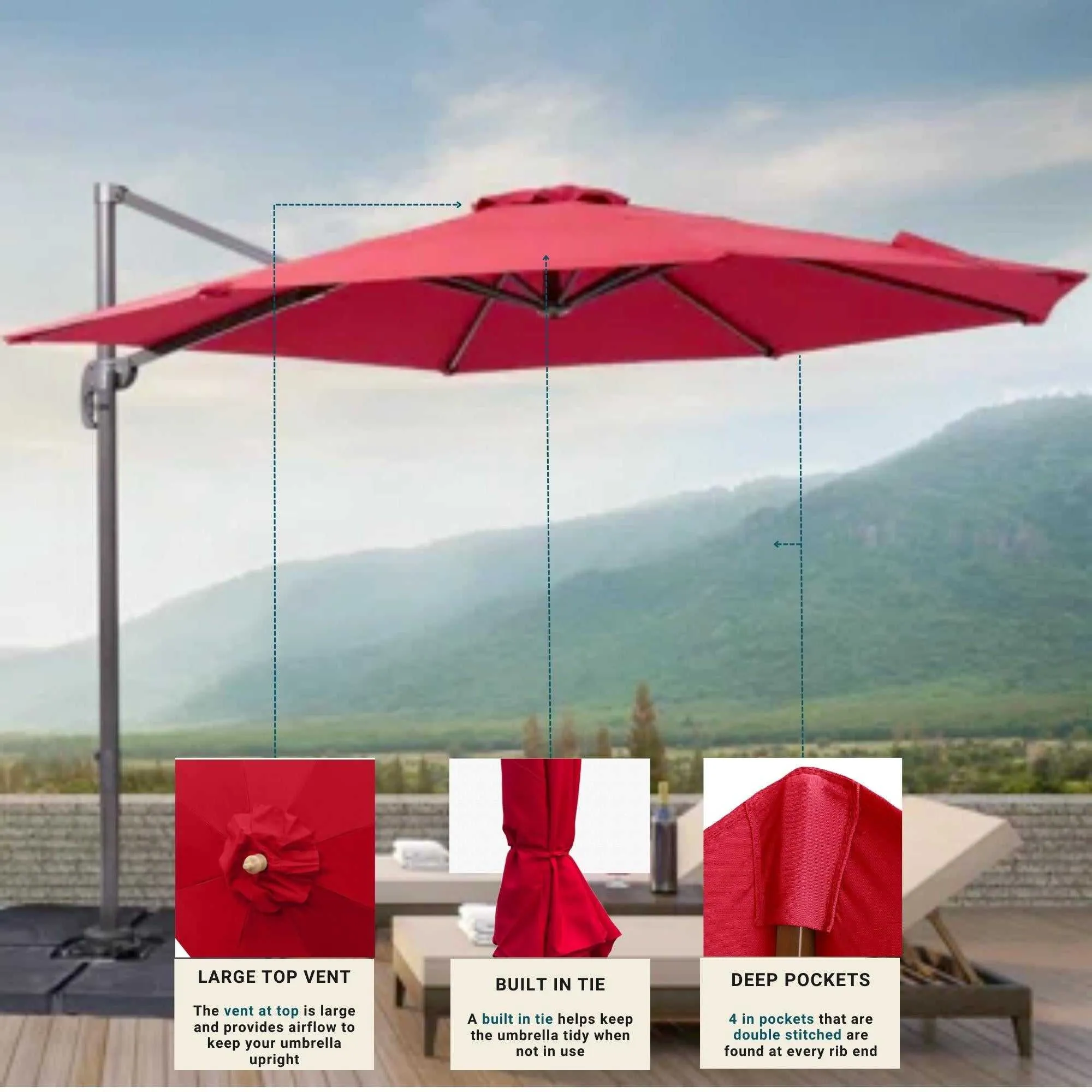 10ft Cantilever Supported Bar Umbrella 8 Rib Replacement Canopy Red