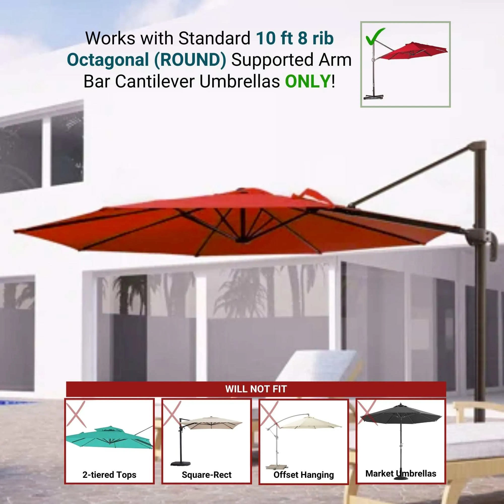 10ft Cantilever Supported Bar Umbrella 8 Rib Replacement Canopy Red