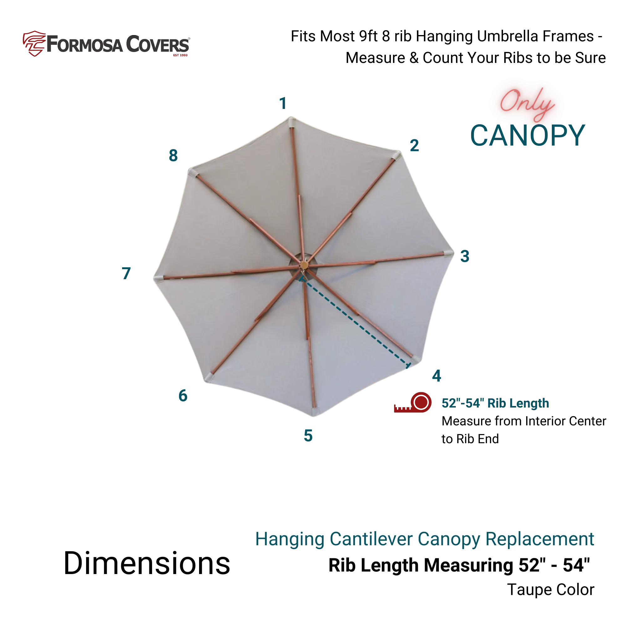9ft Cantilever Hanging Umbrella 8 Rib Replacement Canopy Taupe