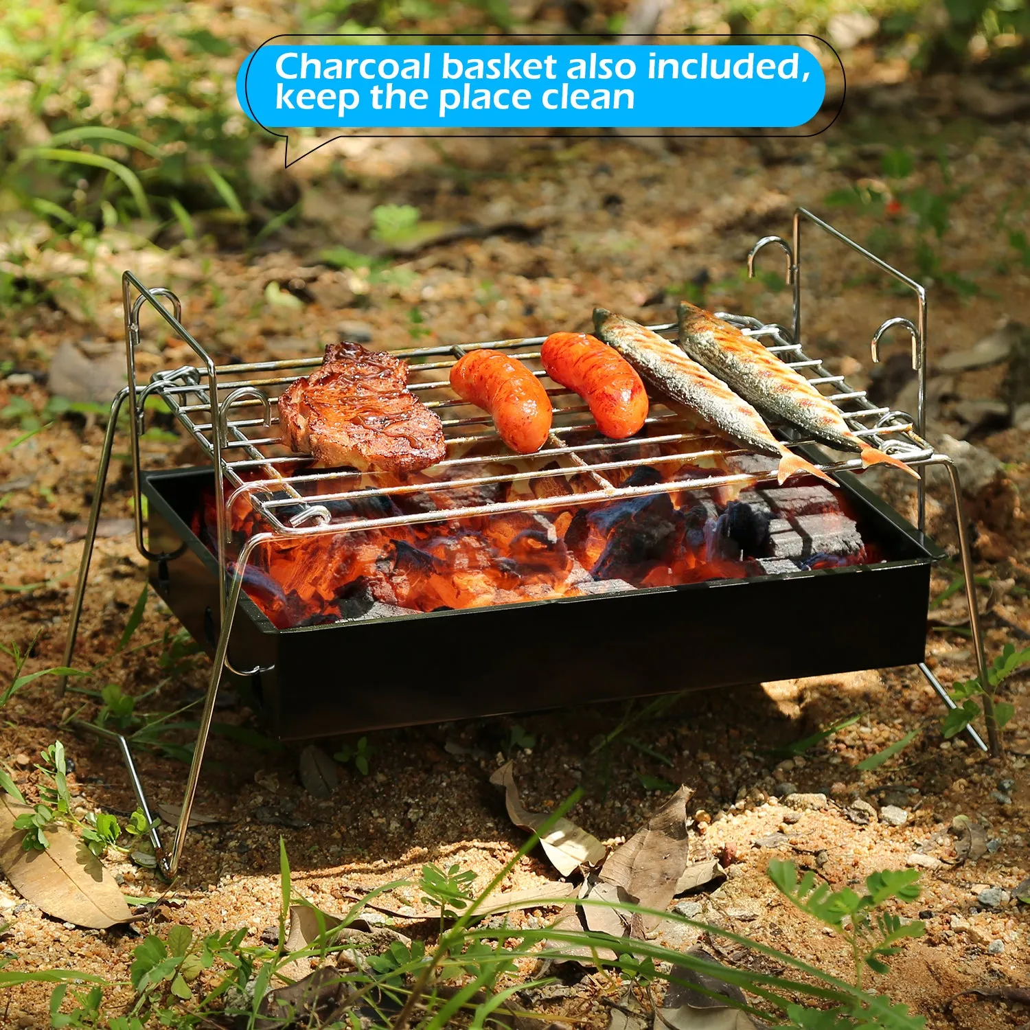 Charcoal Grill Camp Grill Mini Grill Folding Campfire Grill Portable Grill Lightweight Steel Mesh Barbecue Grill Camping Grill for Outdoor Camping Cooking Hiking Tailgating Backpacking Party