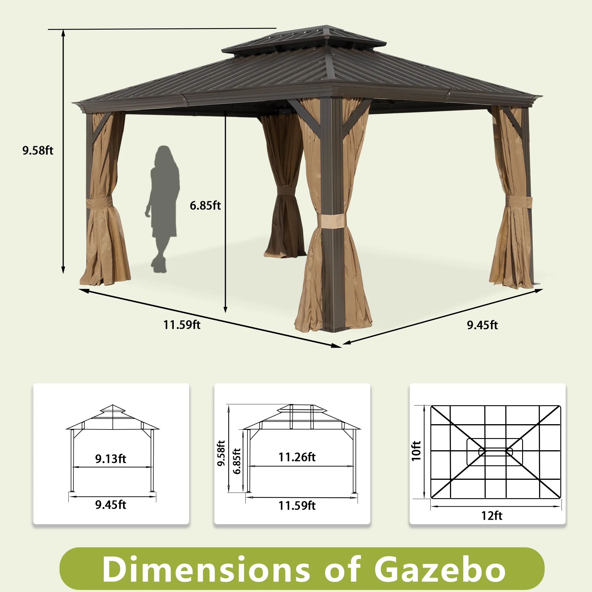 Delta 10X12 ft Patio Gazebo with Netting & Curtains - Brown