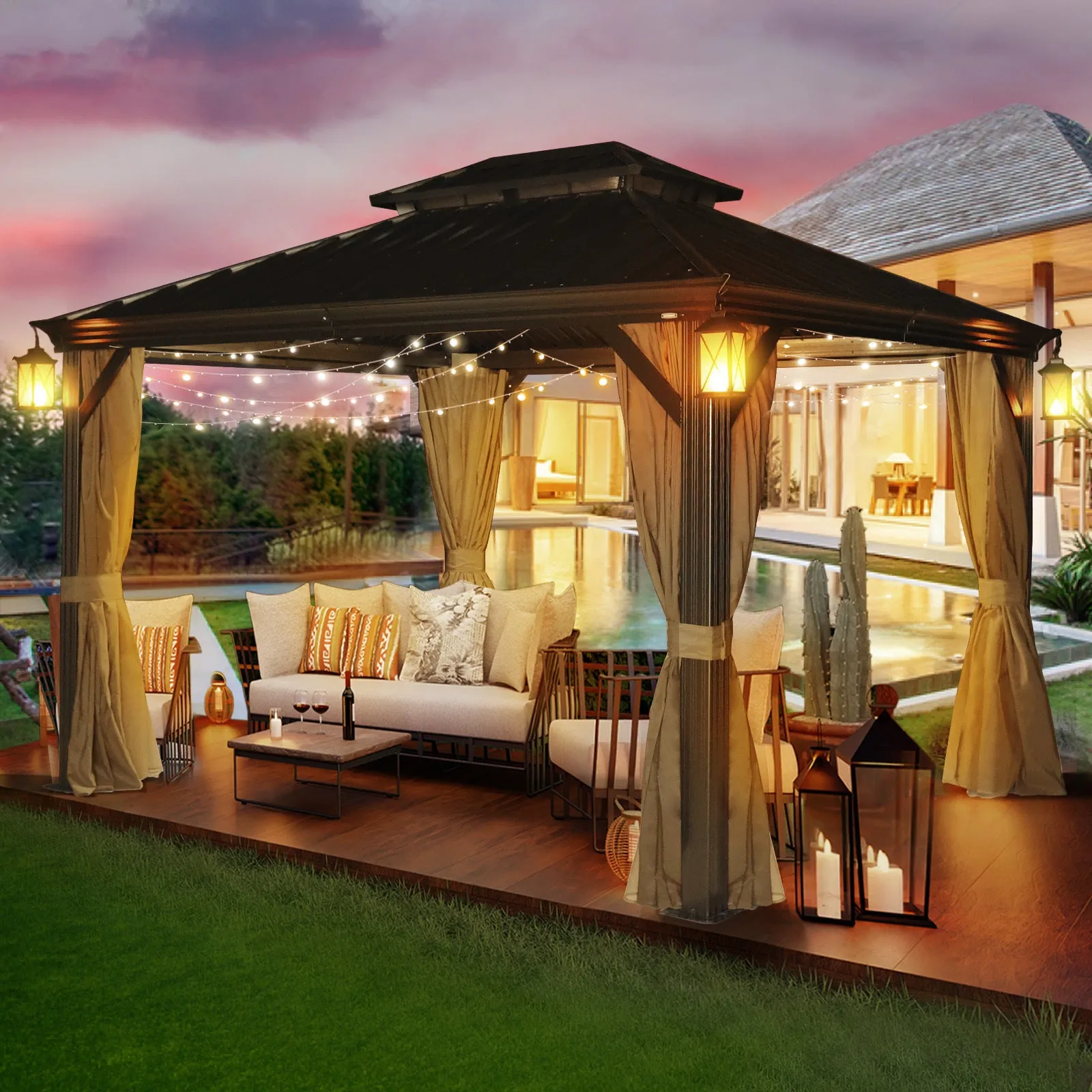 Delta 10X12 ft Patio Gazebo with Netting & Curtains - Brown