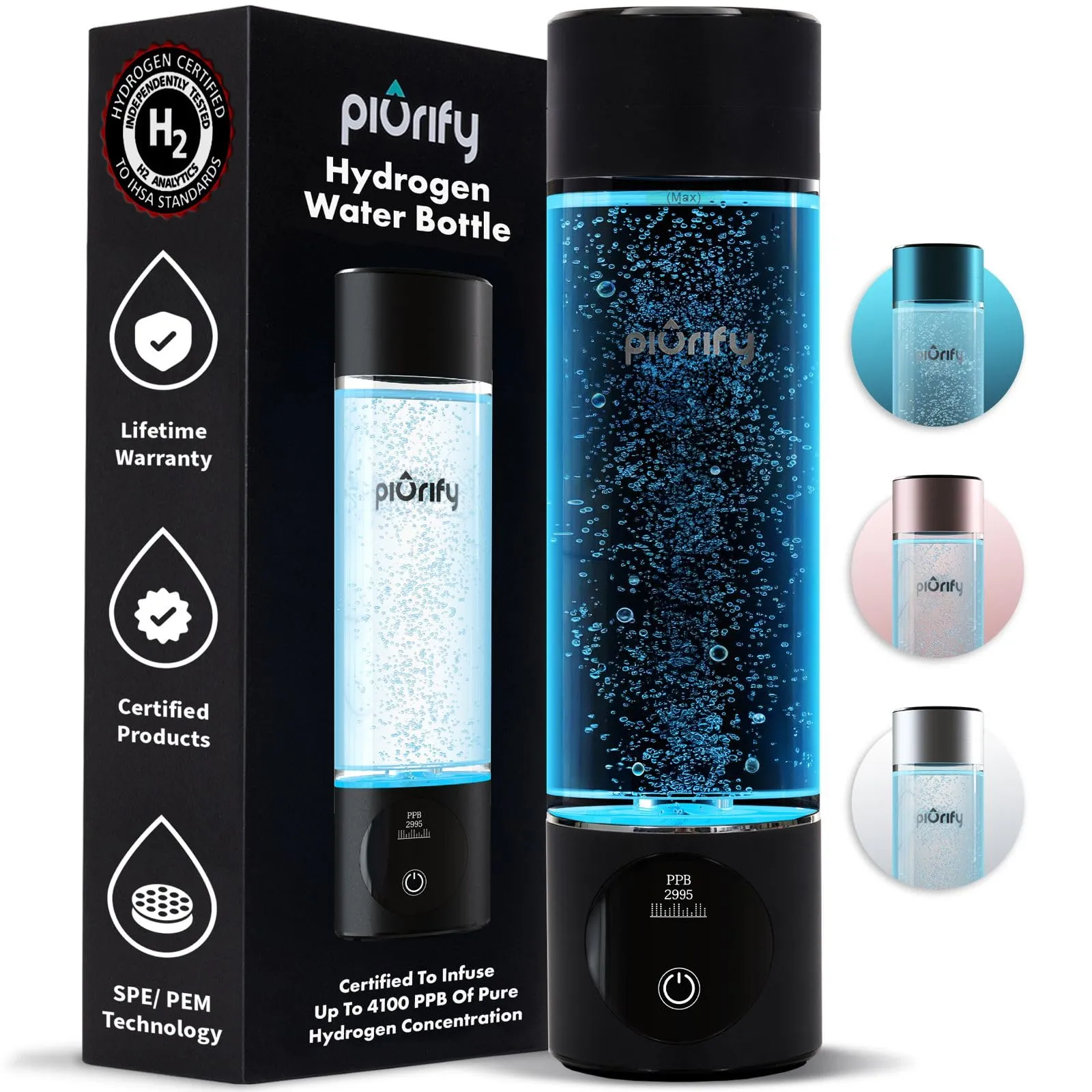 Hydrogen Water Bottle Generator - Up to 4100  PPB Concentration - SPE/PEM Technology - Certified H2 Generator - Portable Athletic Performance & Hydration System - 6-Hour Hydrogen Retention (Black)