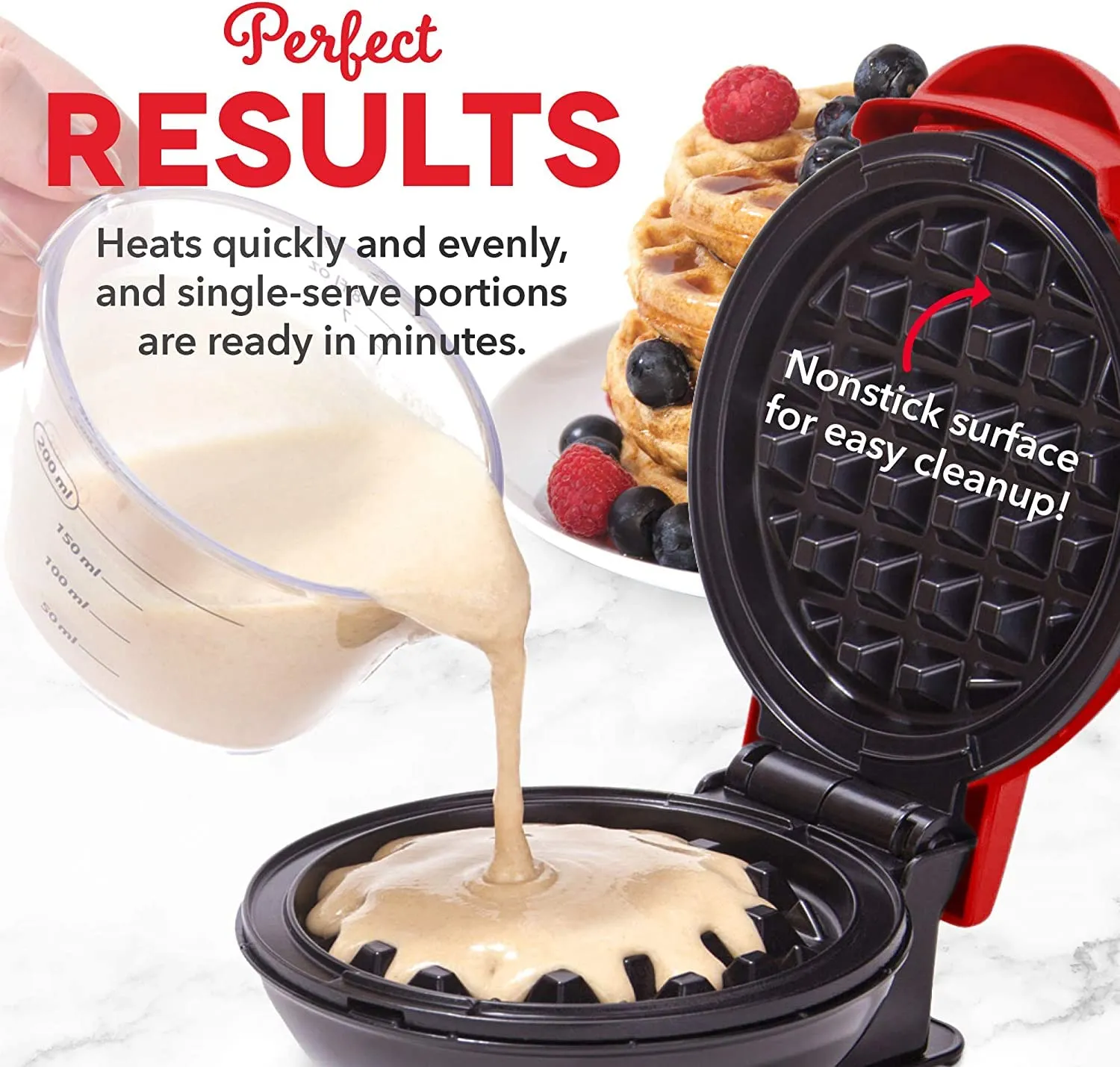 Kitchengenix's Mini Waffle Maker 4 Inch- 350 Watts: Stainless Steel Non-Stick Electric Iron Machine for Individual Belgian Waffles, Pan Cakes (Mini Waffle Maker   Waffles Recipe Book) (RED)