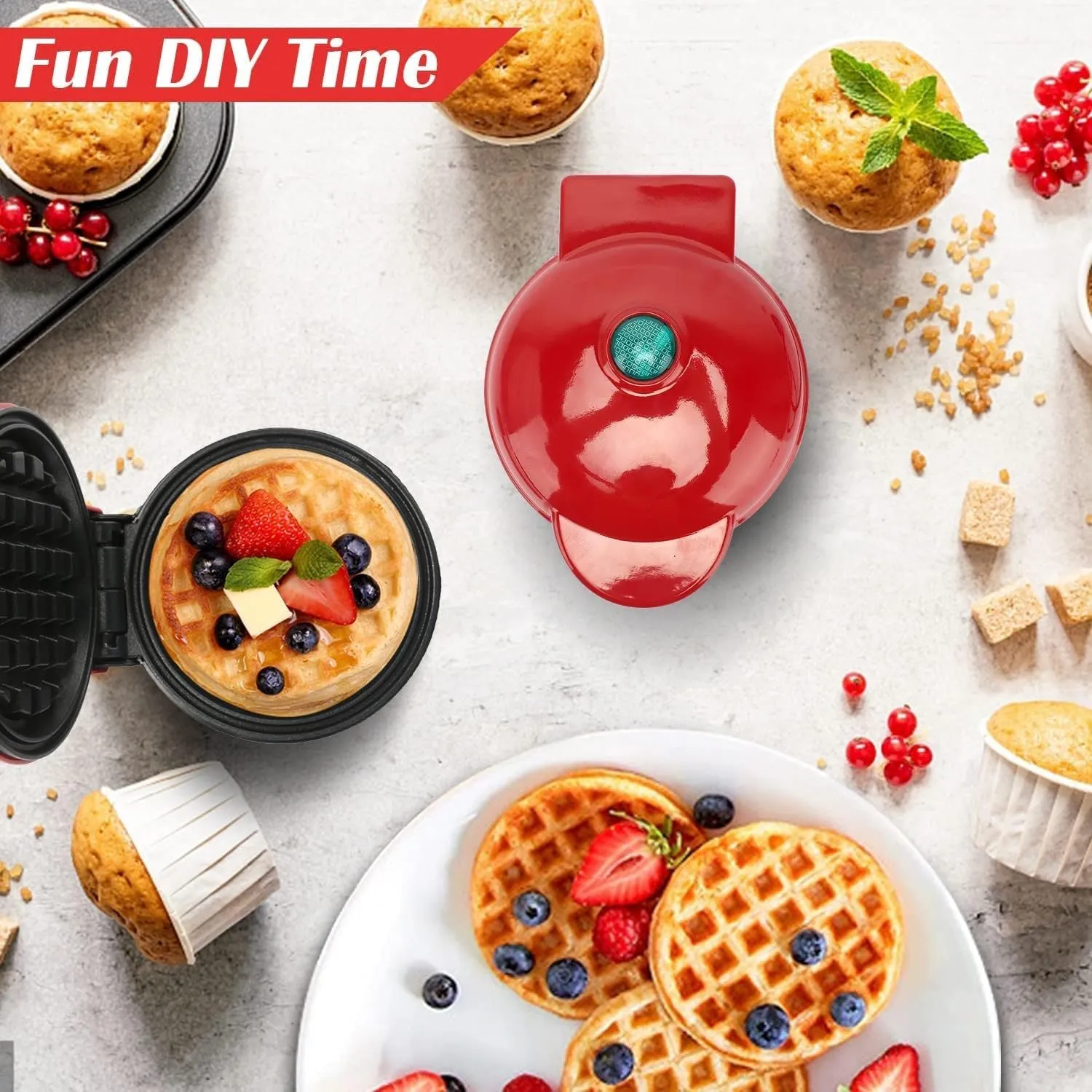 Kitchengenix's Mini Waffle Maker 4 Inch- 350 Watts: Stainless Steel Non-Stick Electric Iron Machine for Individual Belgian Waffles, Pan Cakes (Mini Waffle Maker   Waffles Recipe Book) (RED)