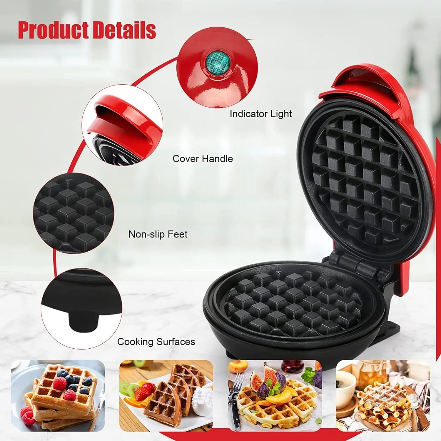 Kitchengenix's Mini Waffle Maker 4 Inch- 350 Watts: Stainless Steel Non-Stick Electric Iron Machine for Individual Belgian Waffles, Pan Cakes (Mini Waffle Maker   Waffles Recipe Book) (RED)