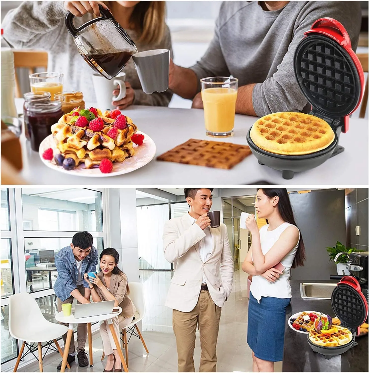 Kitchengenix's Mini Waffle Maker 4 Inch- 350 Watts: Stainless Steel Non-Stick Electric Iron Machine for Individual Belgian Waffles, Pan Cakes (Mini Waffle Maker   Waffles Recipe Book) (RED)