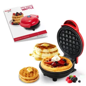 Kitchengenix's Mini Waffle Maker 4 Inch- 350 Watts: Stainless Steel Non-Stick Electric Iron Machine for Individual Belgian Waffles, Pan Cakes (Mini Waffle Maker   Waffles Recipe Book) (RED)