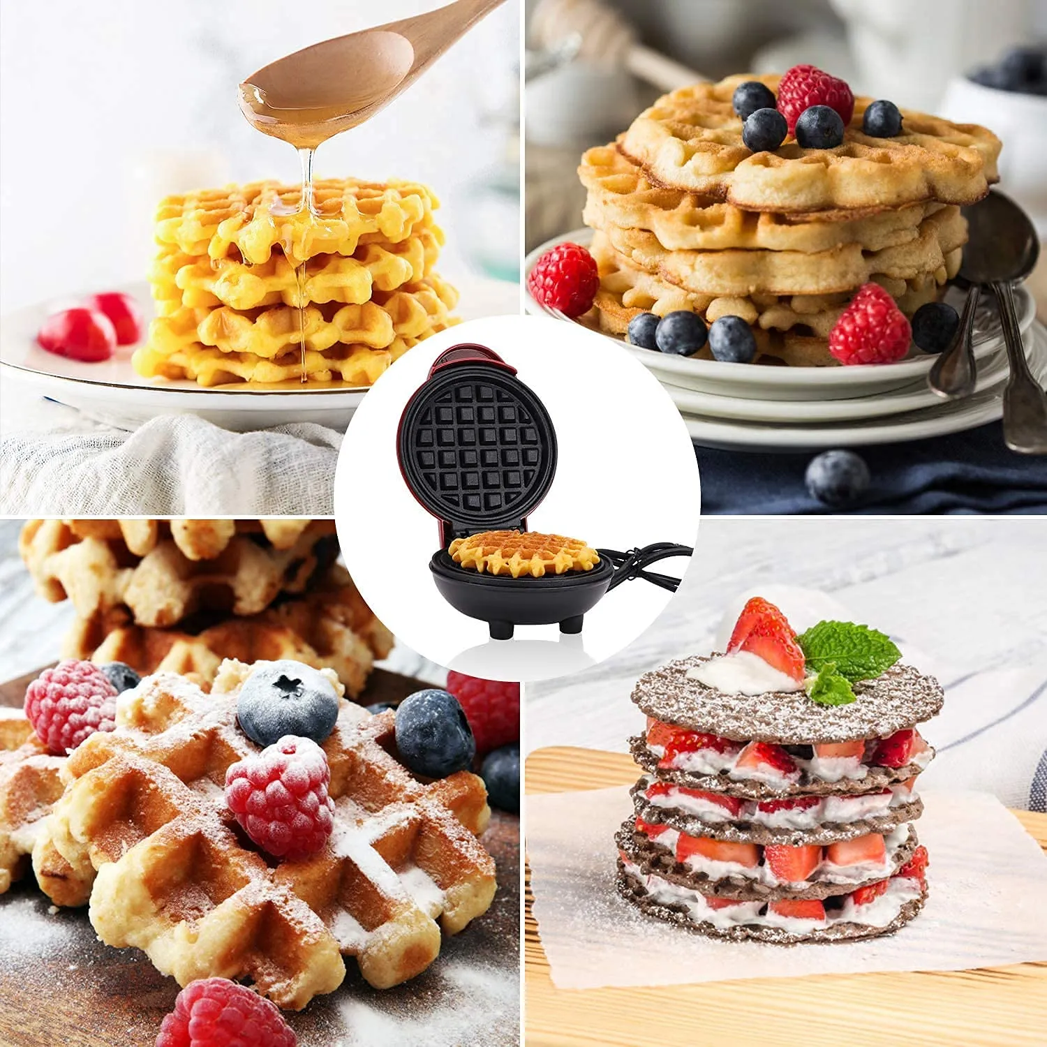 Kitchengenix's Mini Waffle Maker 4 Inch- 350 Watts: Stainless Steel Non-Stick Electric Iron Machine for Individual Belgian Waffles, Pan Cakes (Mini Waffle Maker   Waffles Recipe Book) (RED)