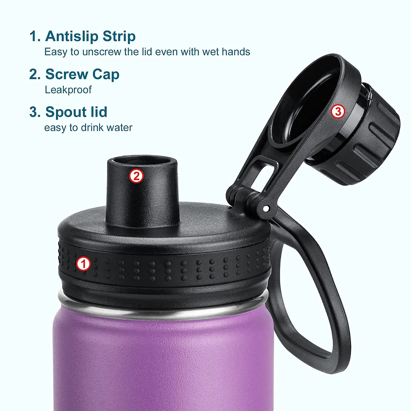 Koodee Kids Water Bottle 12 oz Stainless Steel Vacuum Insulated Wide Mouth Flask with Leakproof Spout Lid for Toddler Kids (Purple)