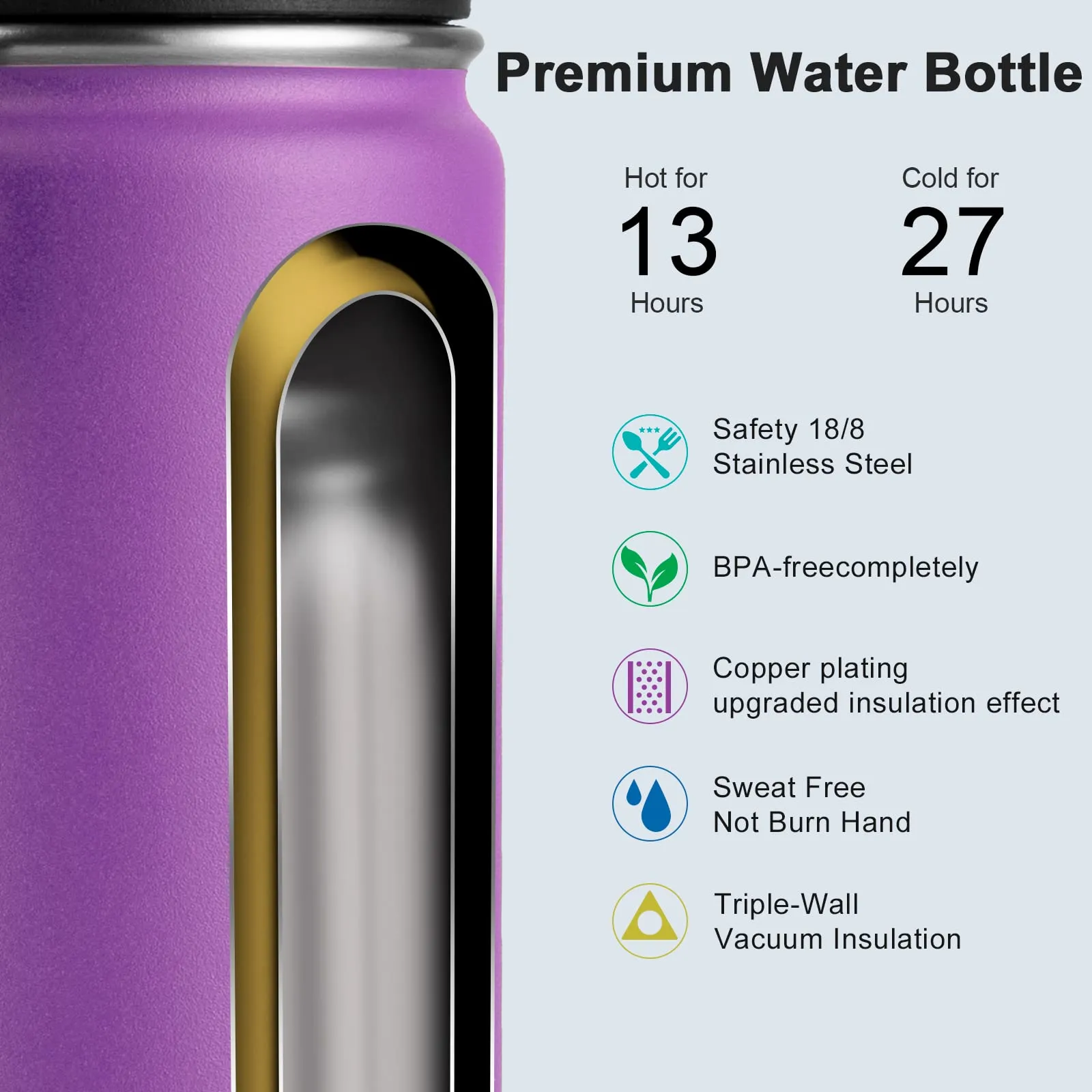 Koodee Kids Water Bottle 12 oz Stainless Steel Vacuum Insulated Wide Mouth Flask with Leakproof Spout Lid for Toddler Kids (Purple)