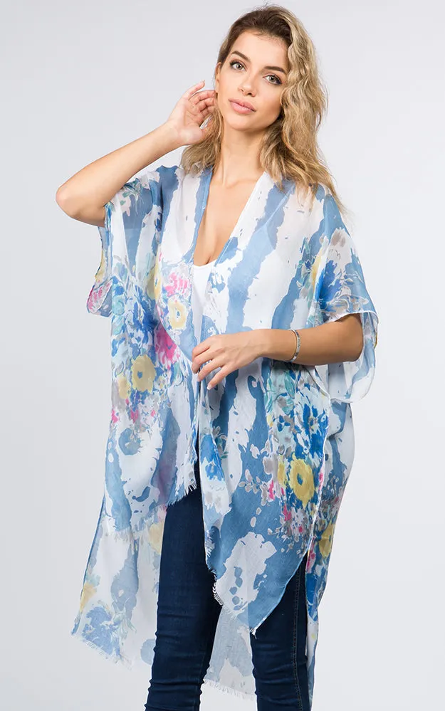 KP9011 Floral Water Color Pattern Printed Kimono