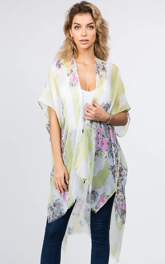 KP9011 Floral Water Color Pattern Printed Kimono