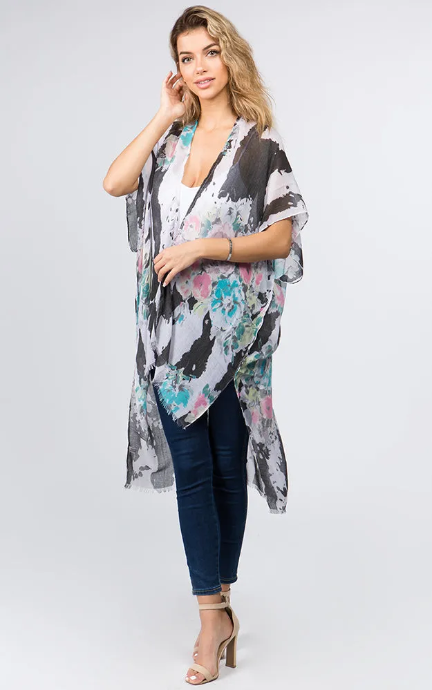 KP9011 Floral Water Color Pattern Printed Kimono