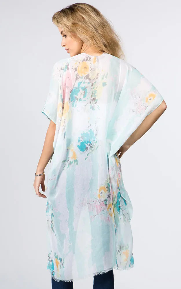 KP9011 Floral Water Color Pattern Printed Kimono