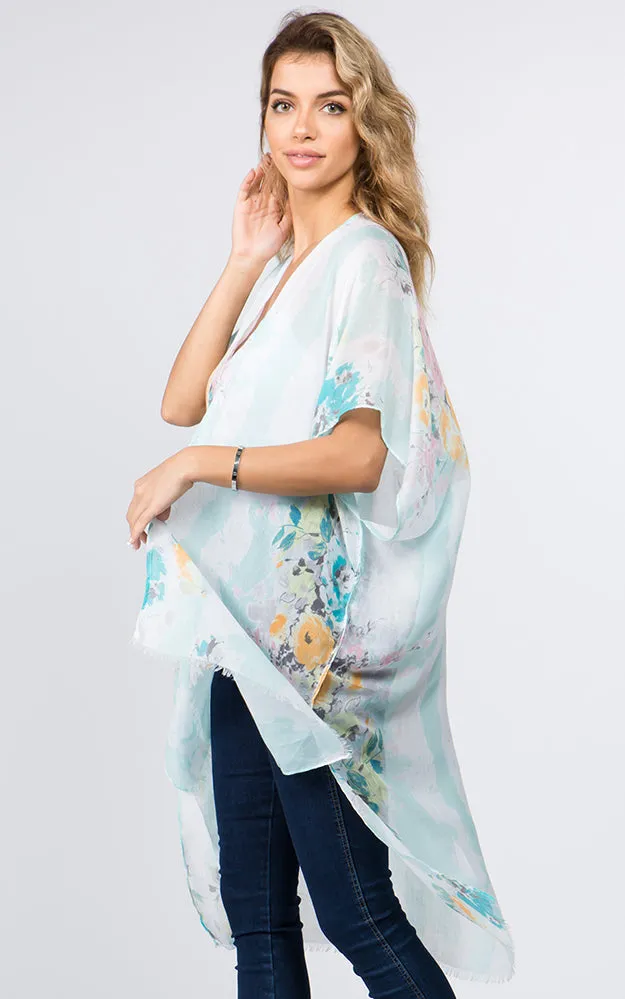 KP9011 Floral Water Color Pattern Printed Kimono