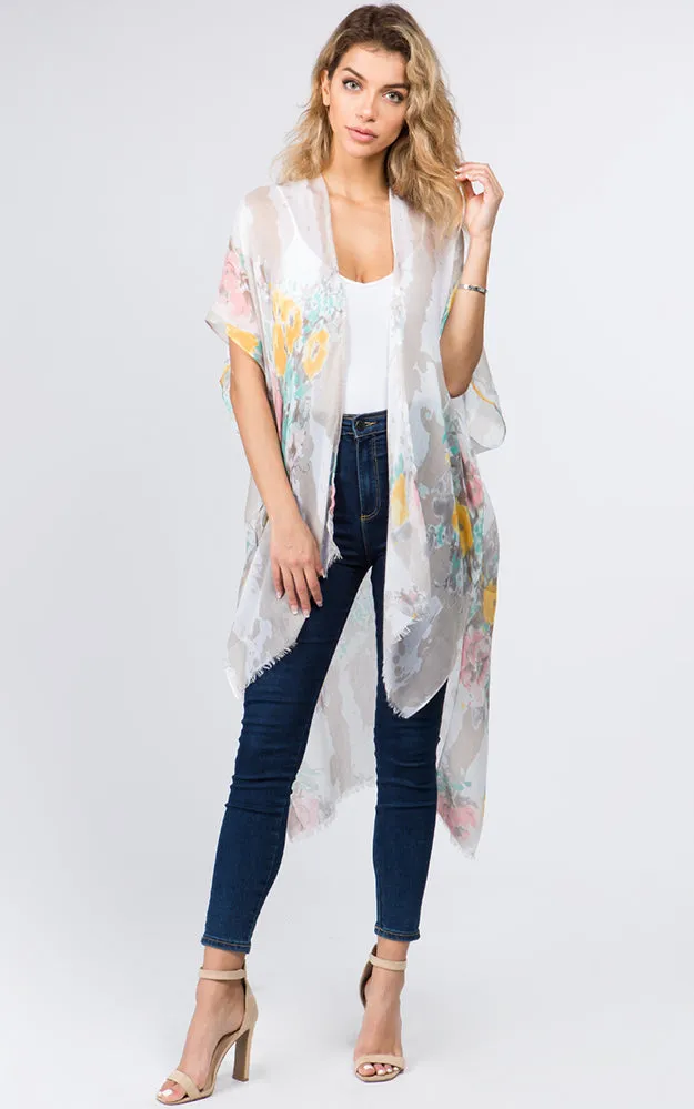 KP9011 Floral Water Color Pattern Printed Kimono