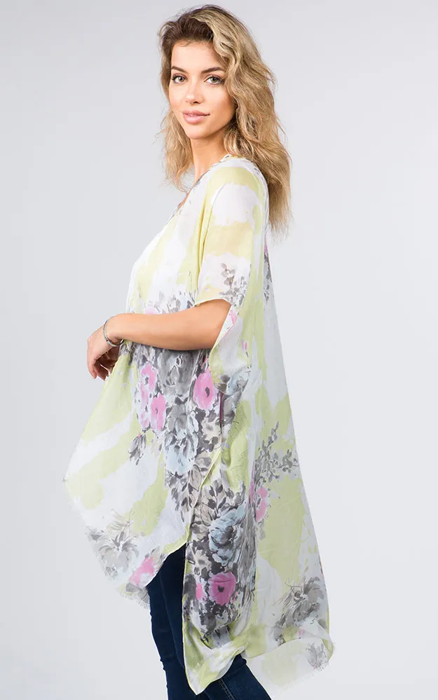 KP9011 Floral Water Color Pattern Printed Kimono