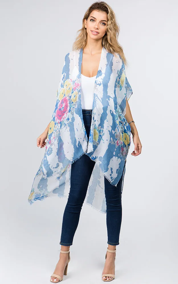 KP9011 Floral Water Color Pattern Printed Kimono