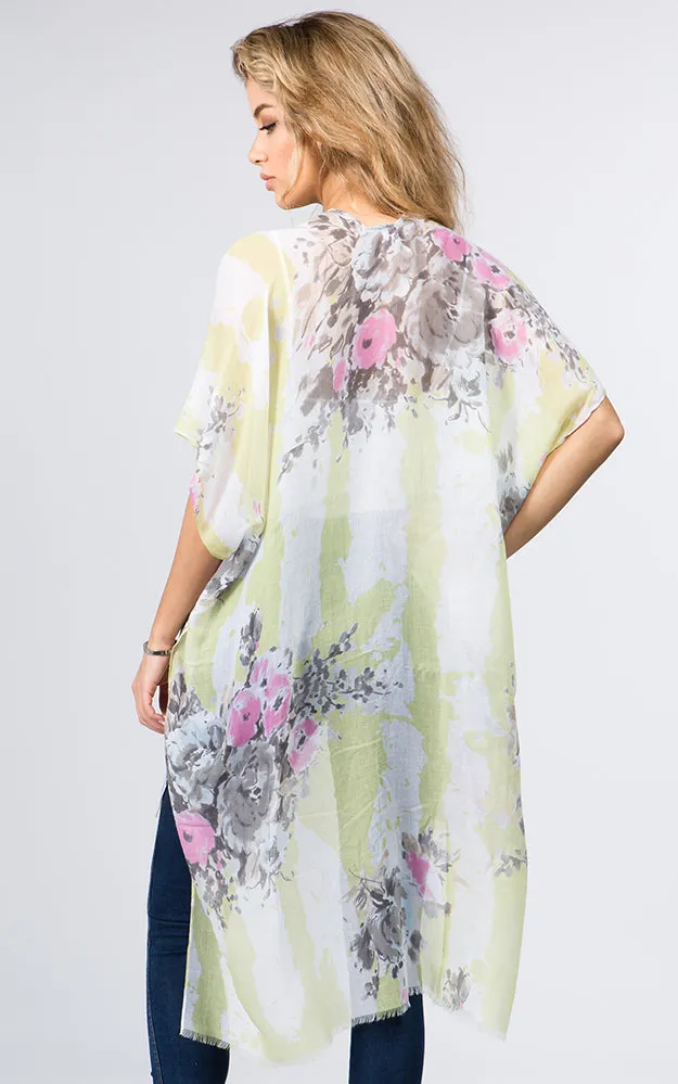 KP9011 Floral Water Color Pattern Printed Kimono