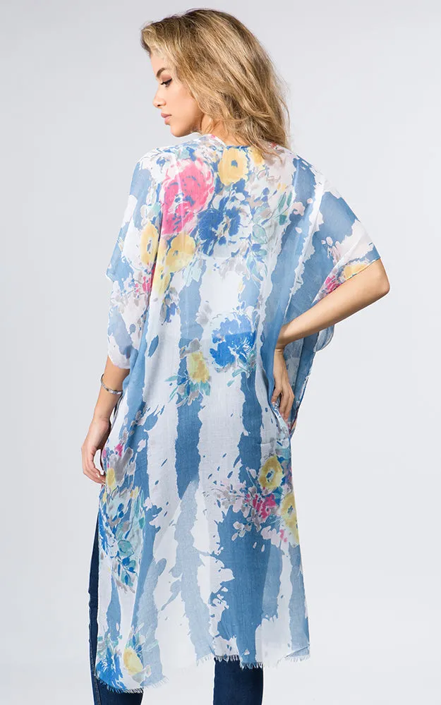 KP9011 Floral Water Color Pattern Printed Kimono
