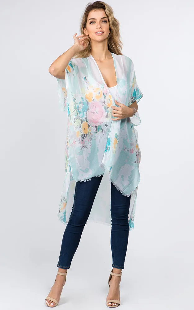 KP9011 Floral Water Color Pattern Printed Kimono