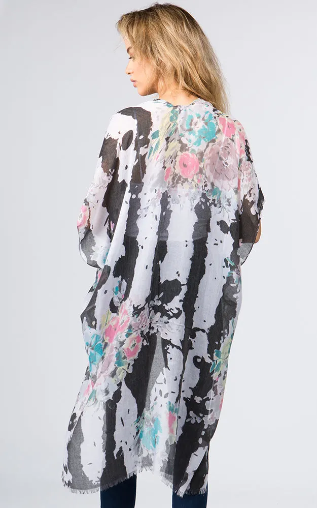 KP9011 Floral Water Color Pattern Printed Kimono