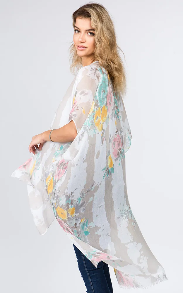 KP9011 Floral Water Color Pattern Printed Kimono