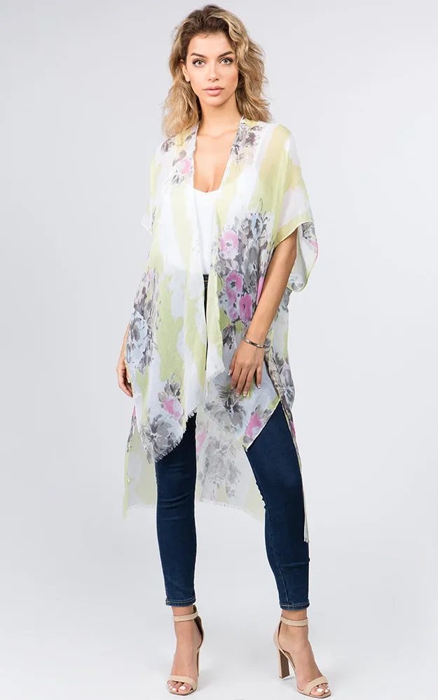 KP9011 Floral Water Color Pattern Printed Kimono
