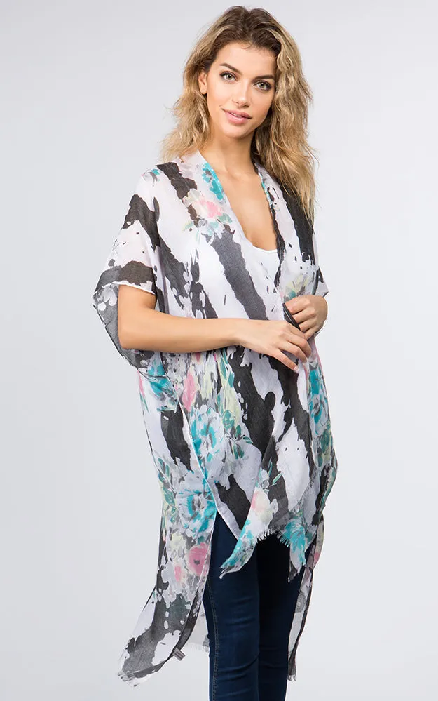 KP9011 Floral Water Color Pattern Printed Kimono
