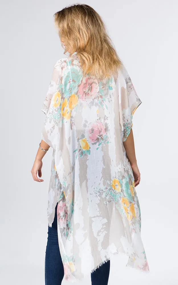 KP9011 Floral Water Color Pattern Printed Kimono
