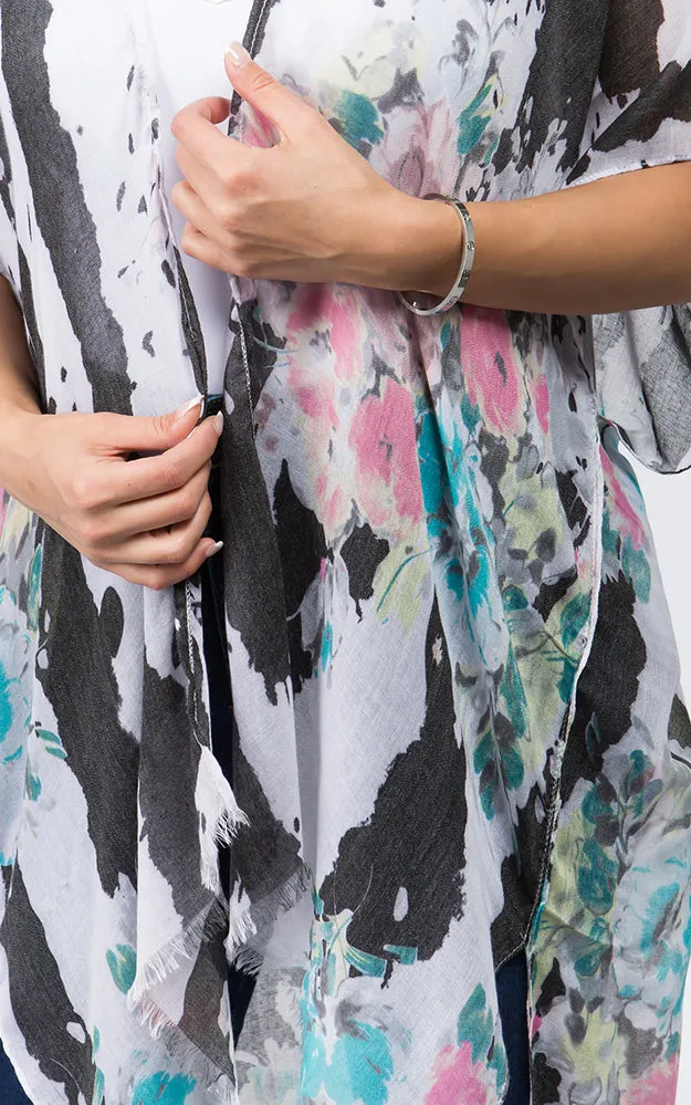 KP9011 Floral Water Color Pattern Printed Kimono