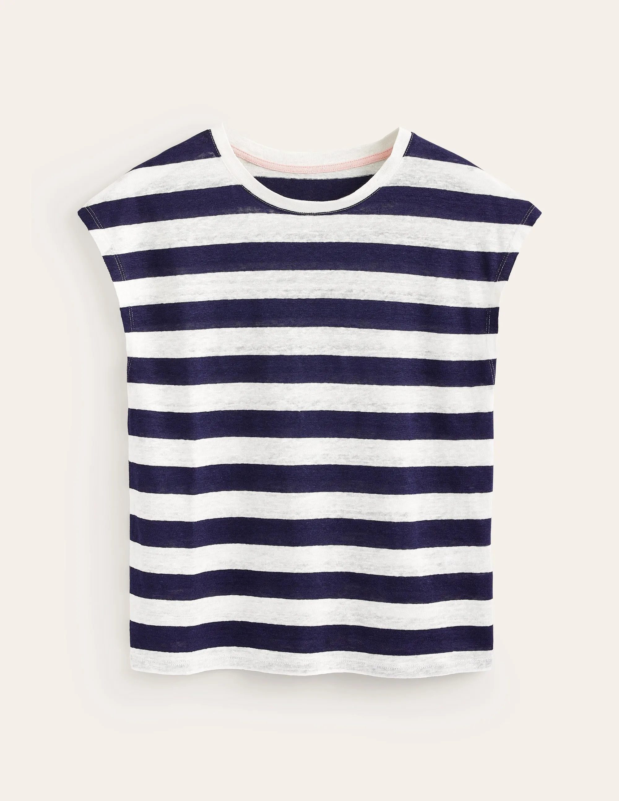Louisa Crew Neck Linen T-shirt-Navy, Ivory Stripe