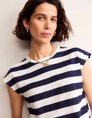 Louisa Crew Neck Linen T-shirt-Navy, Ivory Stripe