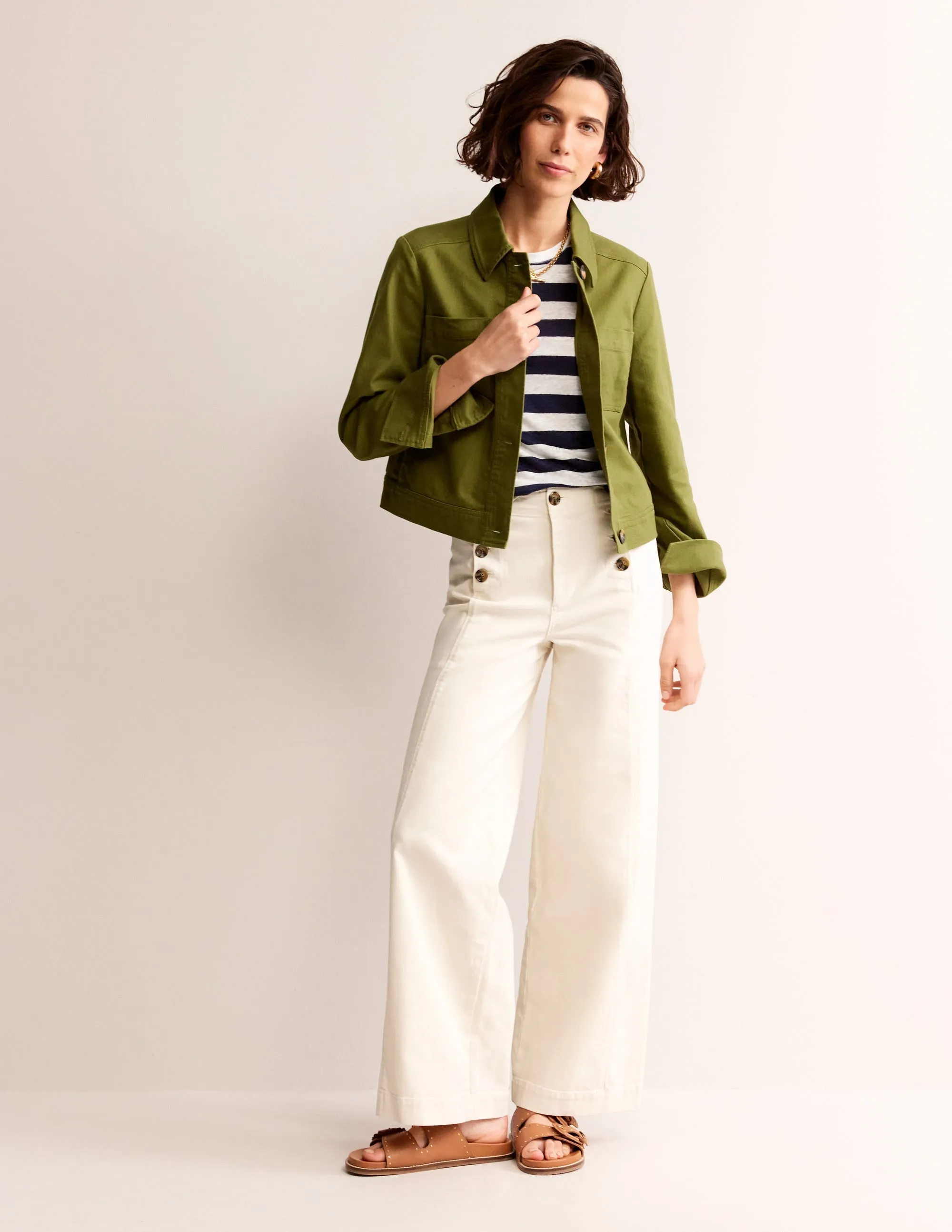 Louisa Crew Neck Linen T-shirt-Navy, Ivory Stripe