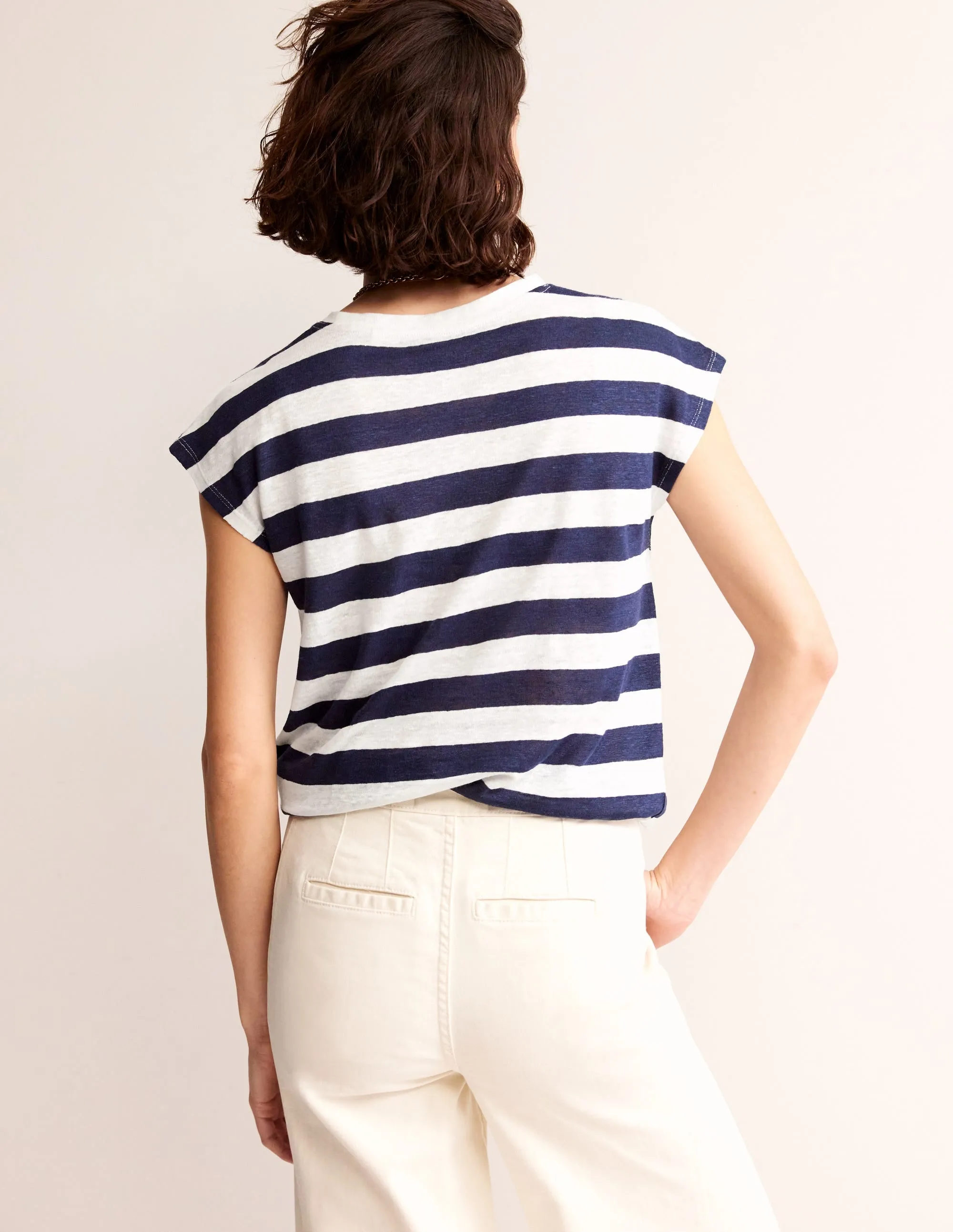 Louisa Crew Neck Linen T-shirt-Navy, Ivory Stripe