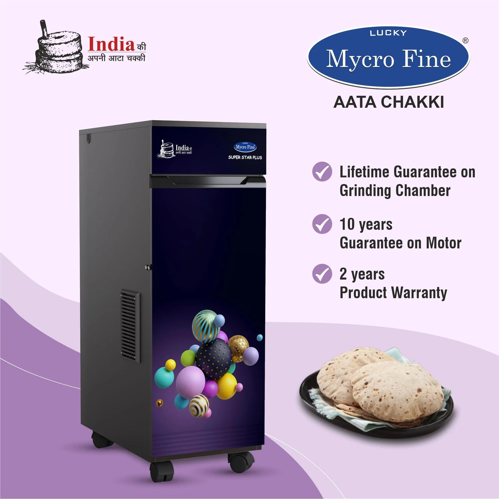 Lucky Mycrofine Super Star Plus 3D Balls Atta Chakki machine 6.5 Kg Capacity Flour Mill Fully Automatic Domestic Made In India for Grinding Various types of Grains