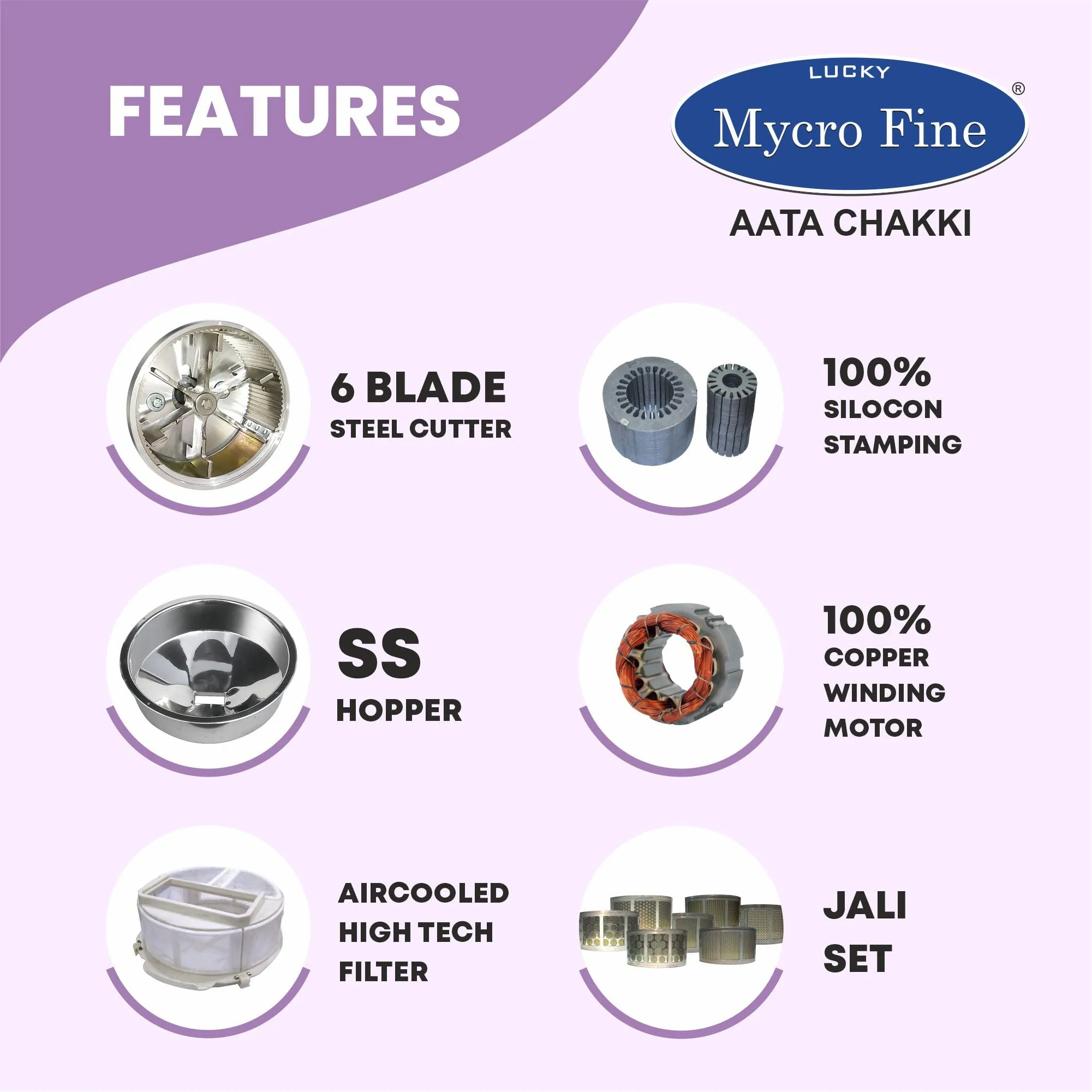 Lucky Mycrofine Super Star Plus 3D Balls Atta Chakki machine 6.5 Kg Capacity Flour Mill Fully Automatic Domestic Made In India for Grinding Various types of Grains