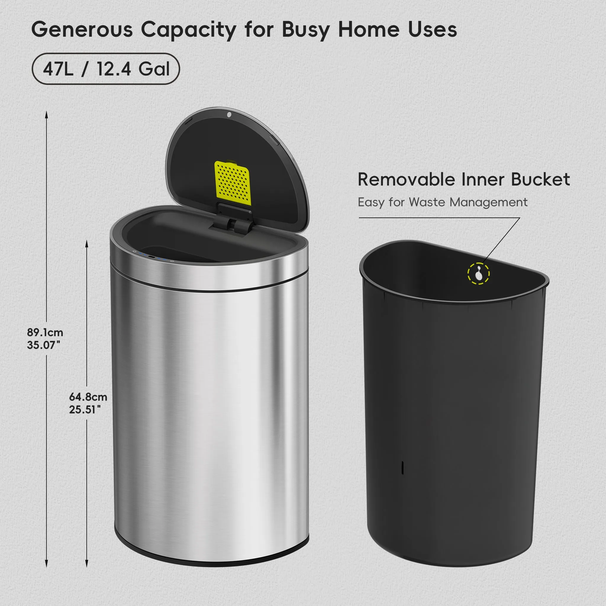 Mirage Semi-Round Motion Sensor Trash Can, 47 Liter / 12.4 Gallon
