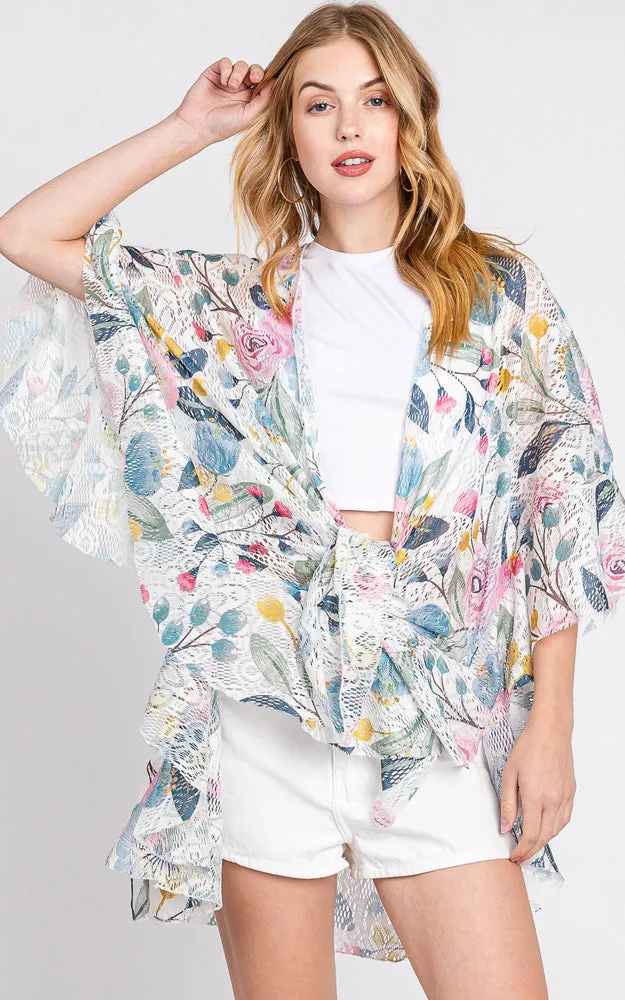 MS0353 RUFFLE LINED FLOWER PRINT OPEN FRONT CROCHET COVER UP