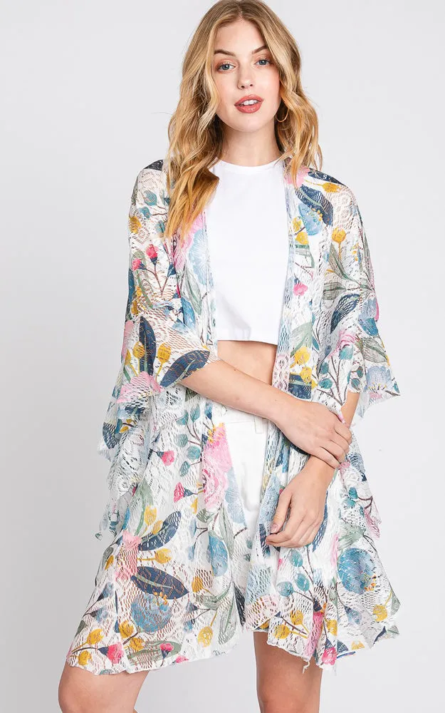 MS0353 RUFFLE LINED FLOWER PRINT OPEN FRONT CROCHET COVER UP