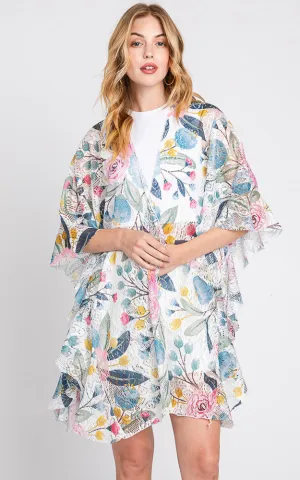 MS0353 RUFFLE LINED FLOWER PRINT OPEN FRONT CROCHET COVER UP