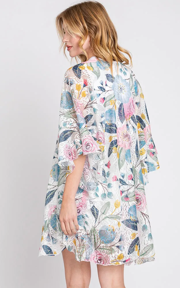 MS0353 RUFFLE LINED FLOWER PRINT OPEN FRONT CROCHET COVER UP