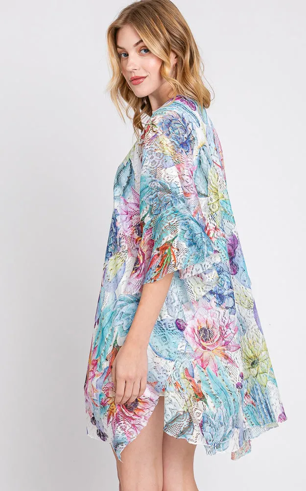 MS0355 RUFFLE LINED CACTUS PRINT OPEN FRONT COVER UP