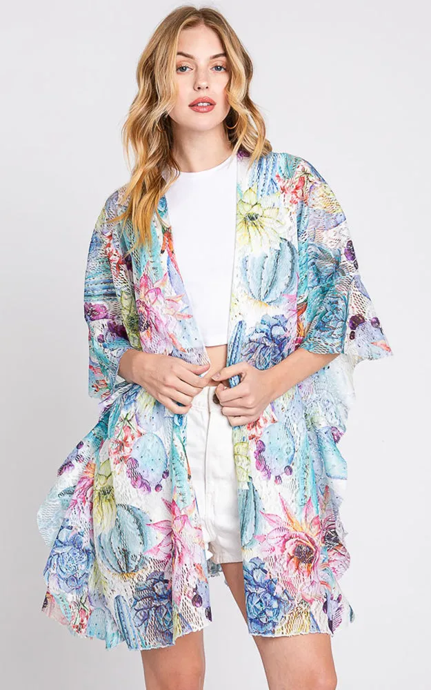 MS0355 RUFFLE LINED CACTUS PRINT OPEN FRONT COVER UP