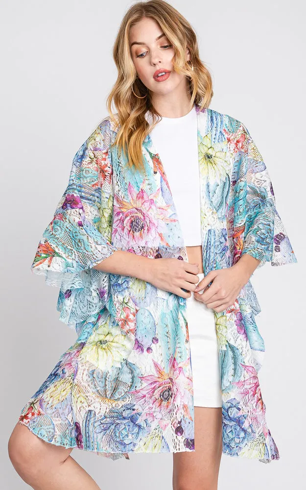 MS0355 RUFFLE LINED CACTUS PRINT OPEN FRONT COVER UP