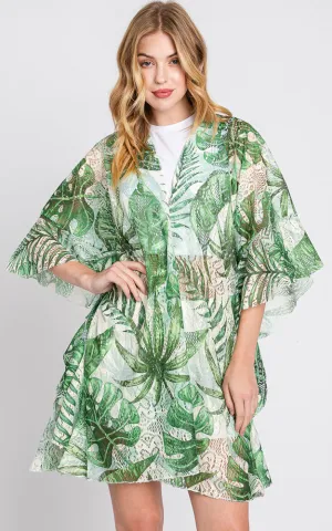 MS0356 RUFFLE LINED TROPICAL LEAVES PRINT OPEN FRONT COVER UP