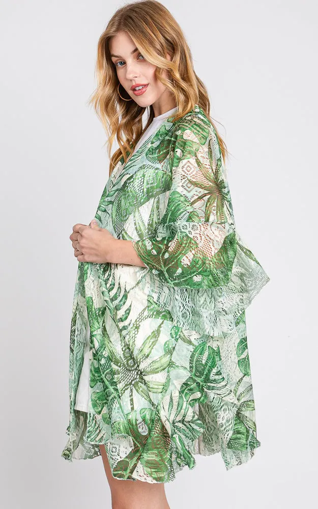 MS0356 RUFFLE LINED TROPICAL LEAVES PRINT OPEN FRONT COVER UP