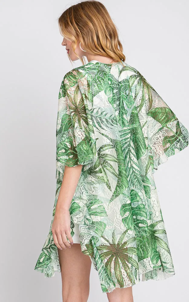 MS0356 RUFFLE LINED TROPICAL LEAVES PRINT OPEN FRONT COVER UP